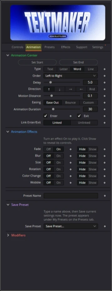 The Animation tab of Text Maker in the DaVinci Resolve Inspector