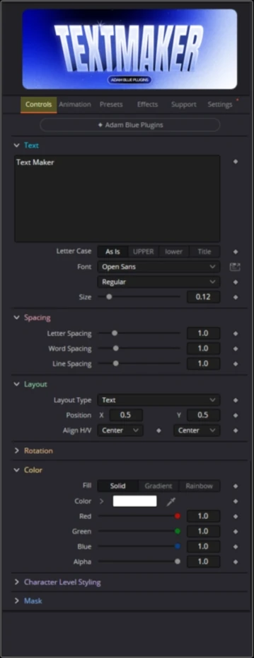 The Controls tab of Text Maker in the DaVinci Resolve Inspector