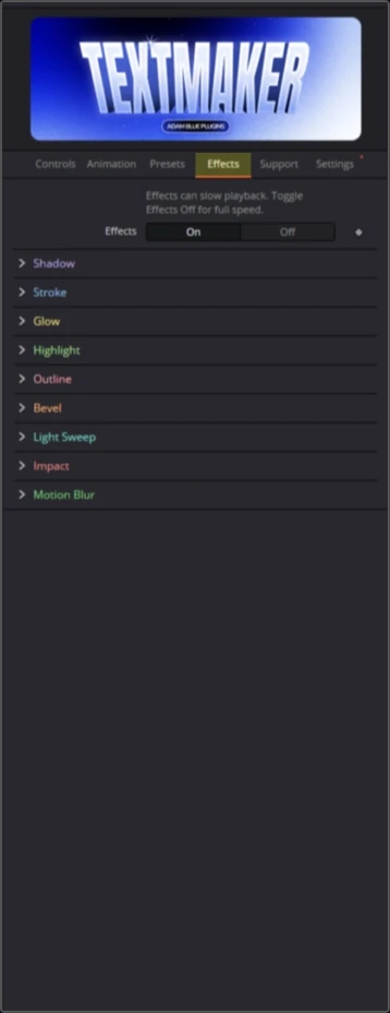 The Effects tab of Text Maker in the DaVinci Resolve Inspector