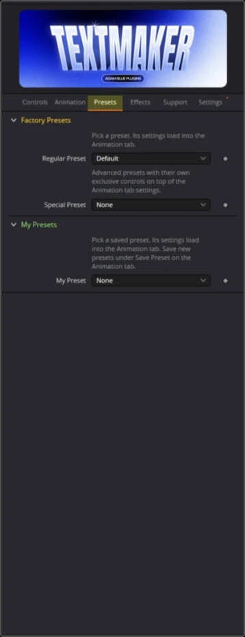 The Presets tab of Text Maker in the DaVinci Resolve Inspector