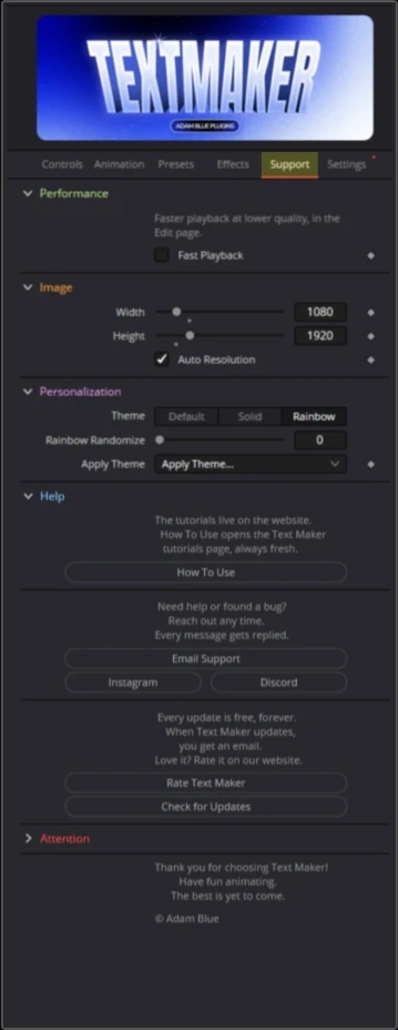 The Support tab of Text Maker in the DaVinci Resolve Inspector